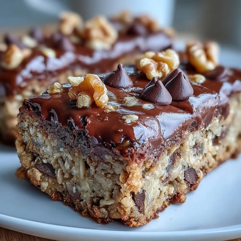Herzhafte Chunky Monkey Protein Baked Oat Bars als gesunder Snack auf Pergamentpapier gebacken.