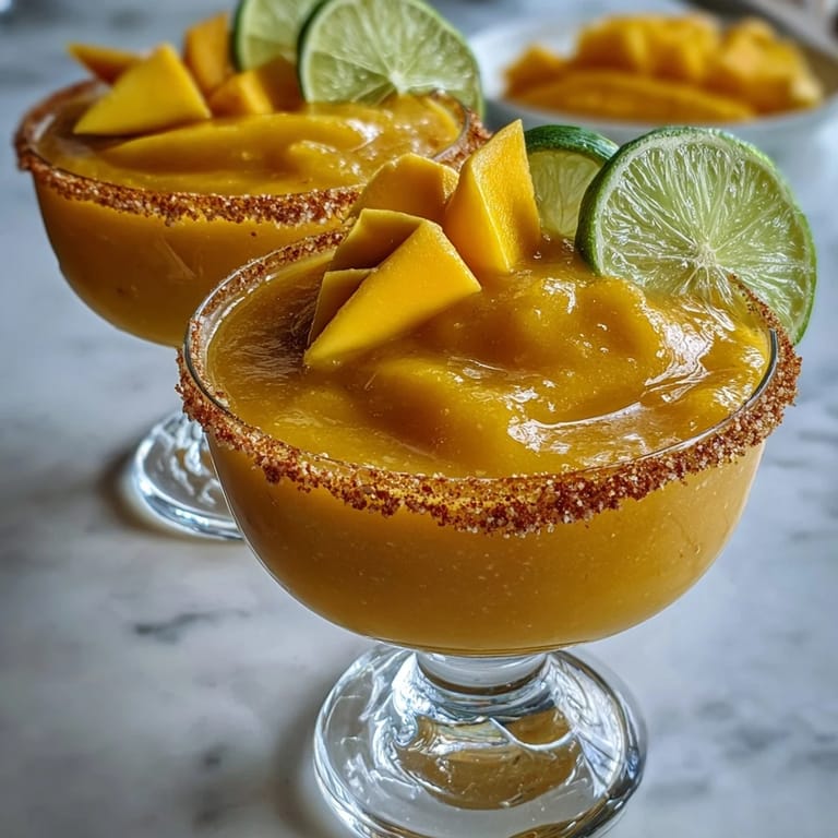 Erfrischender Mango Margarita Mocktail mit Zitrusnote und Eiswürfeln.