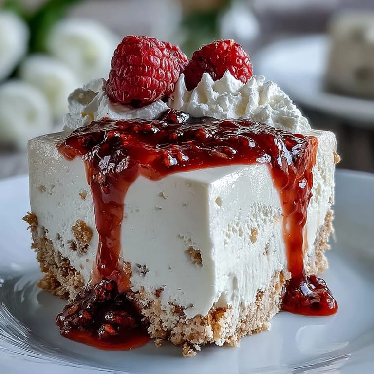 Saftiger no-bake Käsekuchen, beträufelt mit leuchtender Himbeersoße, serviert mit Beeren.