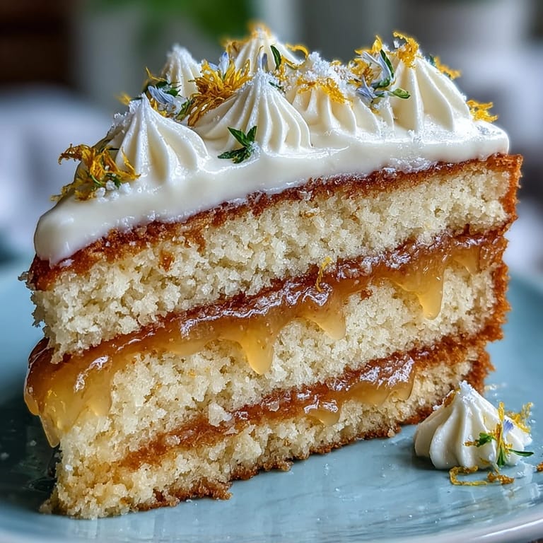 Festliche MutterTAGS-Zitronen-Schichttorte, präsentiert mit lebendigen, essbaren Blüten garniert.