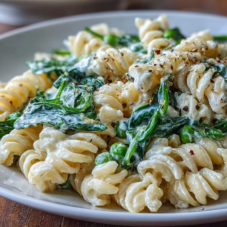 Servierfertige Zitronen-Ricotta-Pasta mit Erbsen und Spinat, einfach köstlich.