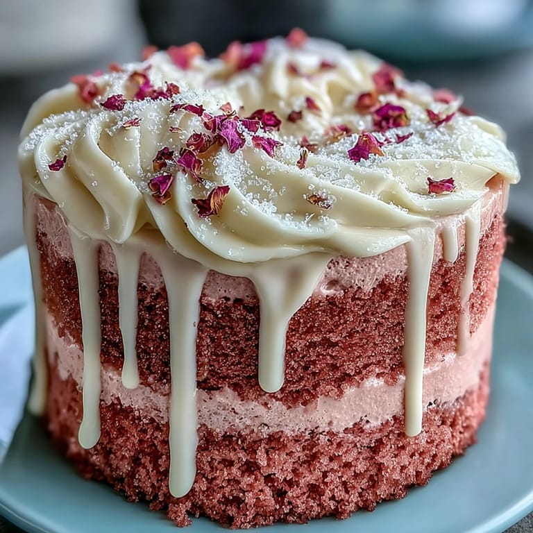 Ein eleganter roséfarbener Samtkuchen mit goldenem Drip, perfekt für eine festliche Brautparty.  
