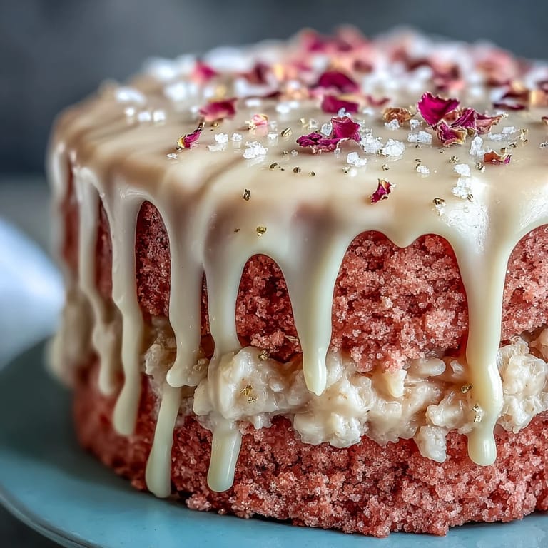 Rosé-Wein-Velvet-Kuchen mit Goldtropfen: Rosa Samtkuchen mit Roséwein und funkelndem Gold-Lacküberzug.