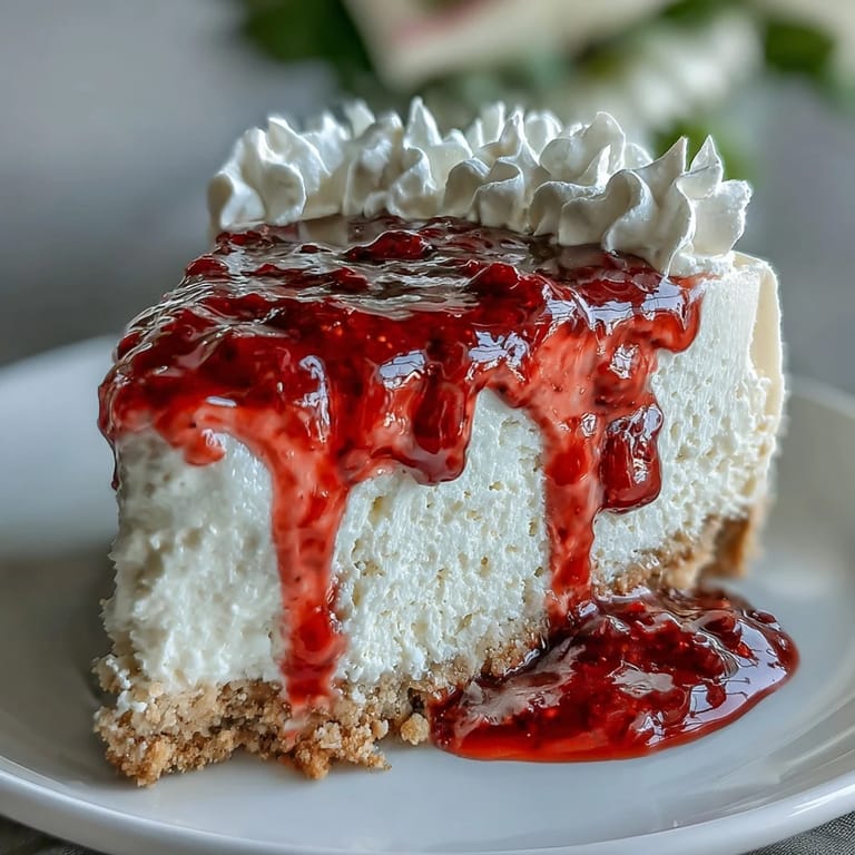 Cremiger no-bake Käsekuchen mit säuerlicher Himbeersoße auf Keksboden.