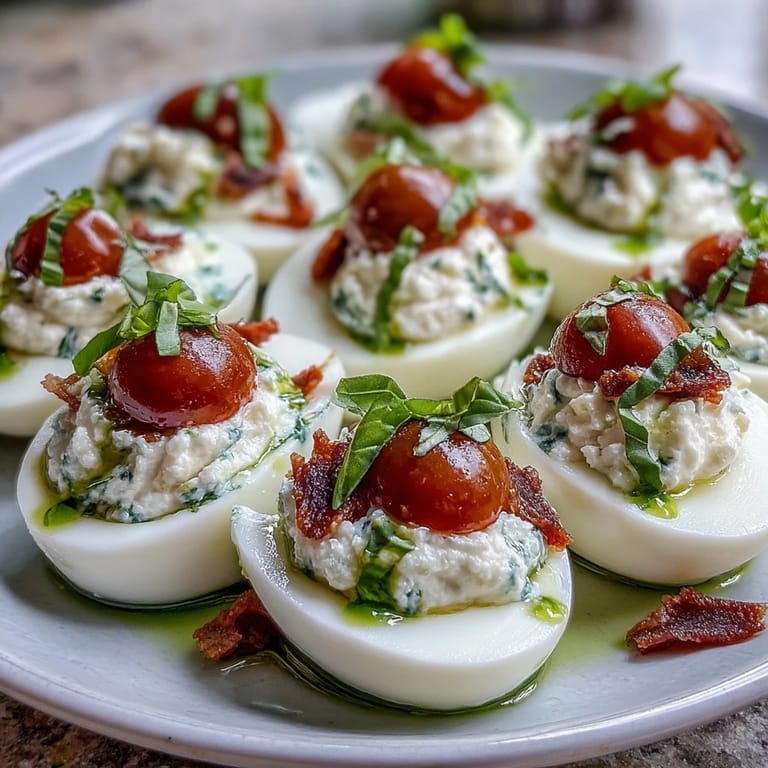 Creamy Caprese Deviled Eggs adorned with diced tomatoes, mozzarella, and basil essence.