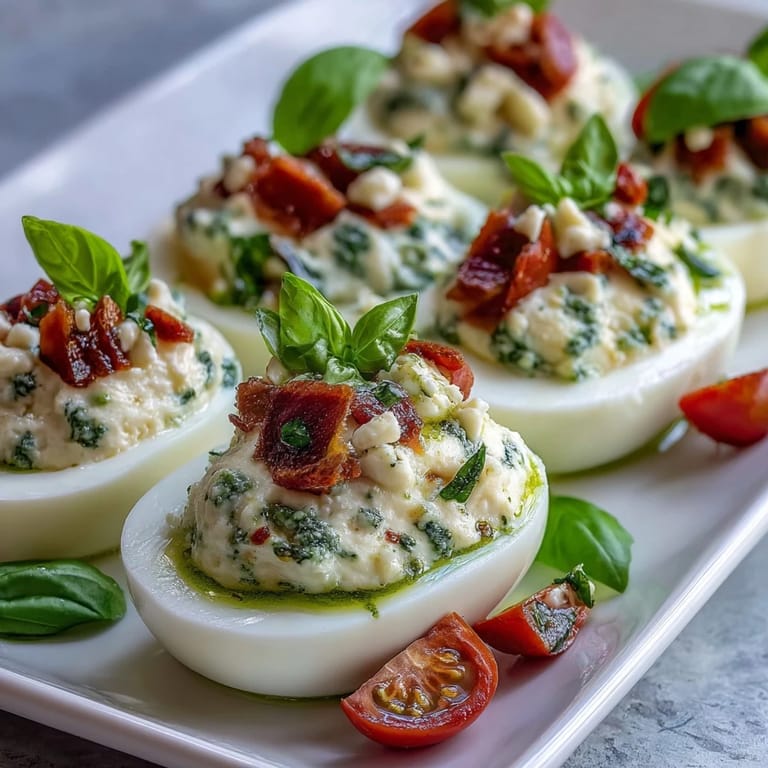 Vibrant Caprese Deviled Eggs, topped with fresh mozzarella and basil oil garnish, served.