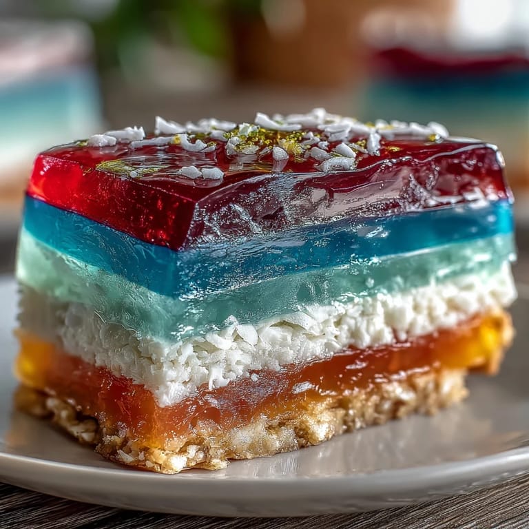 Bunte Agar-Agar-Wackelkuchenschichten mit Kokoscremeoption, perfekt zum Servieren.