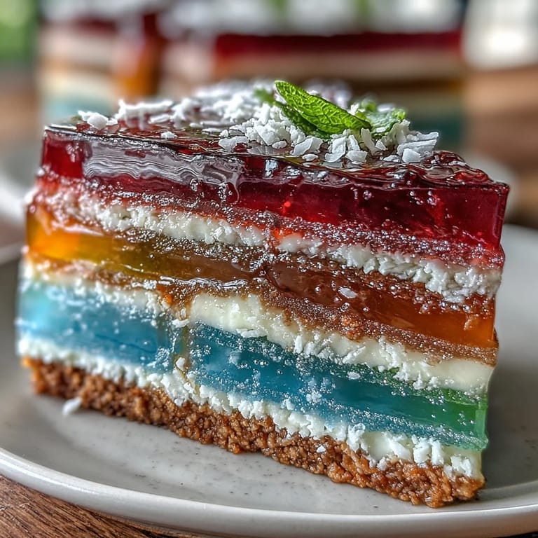 Erfrischender Agar-Agar-Wackelkuchen mit leuchtenden Regenbogenfarben, dekoriert mit Kokoscreme.
