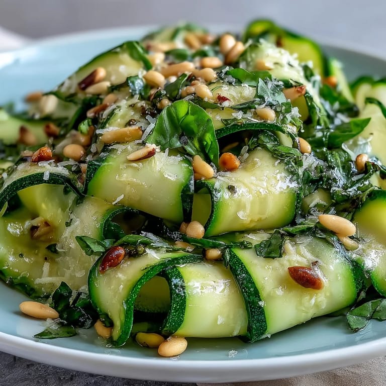 Sommerlicher Zucchiniband-Salat mit Zitronen-Parmesan-Dressing und frischen Kräutern.