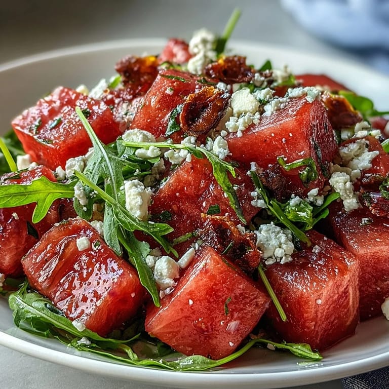 Saftige Wassermelonenwürfel über Rucola, garniert mit Feta, heißer Balsamico-Glasur.