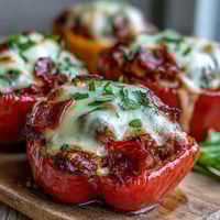 Frisch aus dem Ofen: Gekrönter Keto Pizza Stuffed Peppers mit geschmolzenem Mozzarella und Pepperoni.