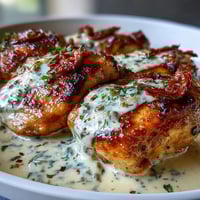 Ein cremiger Hähnchen-Pfefferonen-Pfannengericht mit zartem Fleisch in einer säuerlichen Sahnesauce.