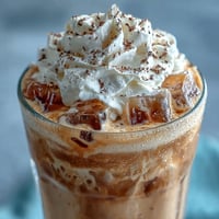 Vanille-Bohnen-Frappuccino-Kopie mit Cold Brew-Eiswürfeln in einem hohen Glas, mit geschlagener Sahne und Vanille-Garnitur garniert.