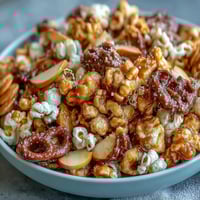 Süßes Karamell-Popcorn mit knackigen Apfelstücken und bunten Schokolinsen—perfekt für einen gemütlichen Filmabend.