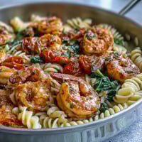 Ein farbenfrohes Ein-Topf-Gericht mit saftigen Garnelen, zarter Engelshaarpasta und frischem Gemüse in einer aromatischen Knoblauch-Zitronen-Sauce.