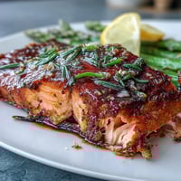 Zartes Lachsfilet mit knusprigem Spargel in goldener Knoblauchbutter, garniert mit Zitronenscheiben – perfekt für ein festliches Abendessen.