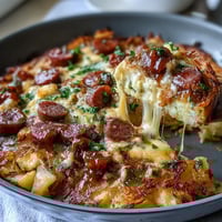 Herzhafte Overnight-Amisch-Frühstücksauflauf mit Kartoffeln, Wurst und geschmolzenem Käse für eine hungrige Gruppe.  