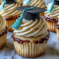 Klassische Vanille-Cupcakes mit Fondant-Abschlusskappen für Abschlussfeiern.