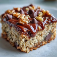 Frische Chunky Monkey Protein Baked Oat Bars mit Walnüssen und Schokolade aus dem Ofen.