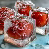 Lychee-Agar-Gelee-Würfel glänzen erfrischend in spritzigem Yuzu-Wasser.