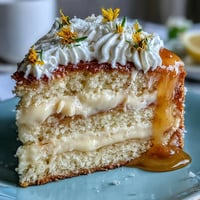 Muttertags-Zitronen-Curd-Schichttorte mit essbaren Blüten, zart und frisch.