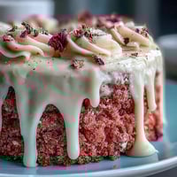 Hier sind drei einzigartige und SEO-optimierte ALT-Texte für das Rezeptfoto des Bridal Shower Rosé Velvet Cake mit Gold Drip, in deutscher Sprache: