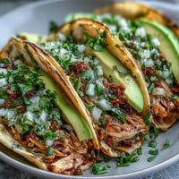Zartes, zerzupftes Hähnchen in Salsa Verde serviert in Tai Slow Cooker Salsa Verde Chicken Tacos.